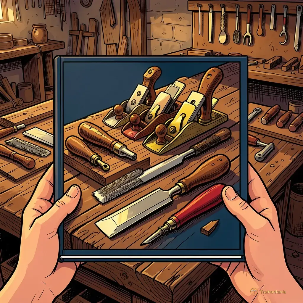 Nino, l'âne de Tramontania — Une illustration de bande dessinée montre des outils anciens disposés sur un établi rustique d'atelier artisanal