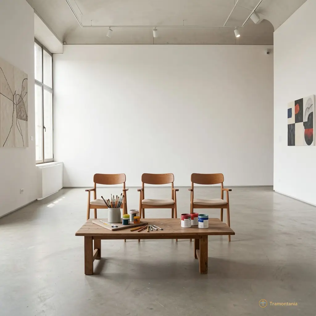 Plan large d’une salle vide du musée d’art moderne de Céret. Une table basse en bois, trois chaises alignées, un plateau avec des pinceaux et des pots de peinture posés dessus. La lumière est douce, venant d’un seul côté — comme si quelqu’un était venu juste avant, et avait laissé tout ça pour les autres.