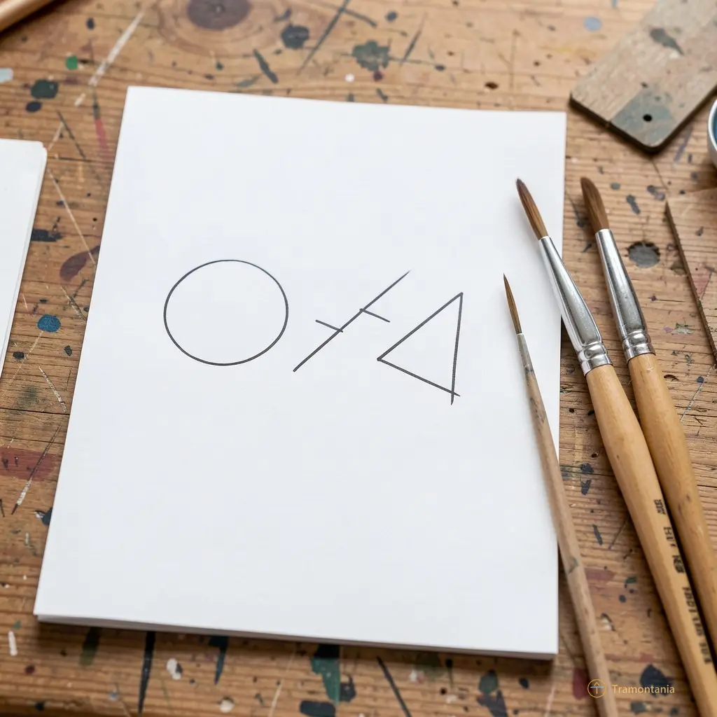 Détail d’un carton blanc posé sur une table de travail en bois. Trois formes abstraites y sont dessinées à l’encre : un cercle, une ligne brisée et une forme angulaire. À côté, deux pinceaux secs reposent, la poignée tournée vers le haut — comme s’ils avaient été posés là avec soin avant de repartir.
