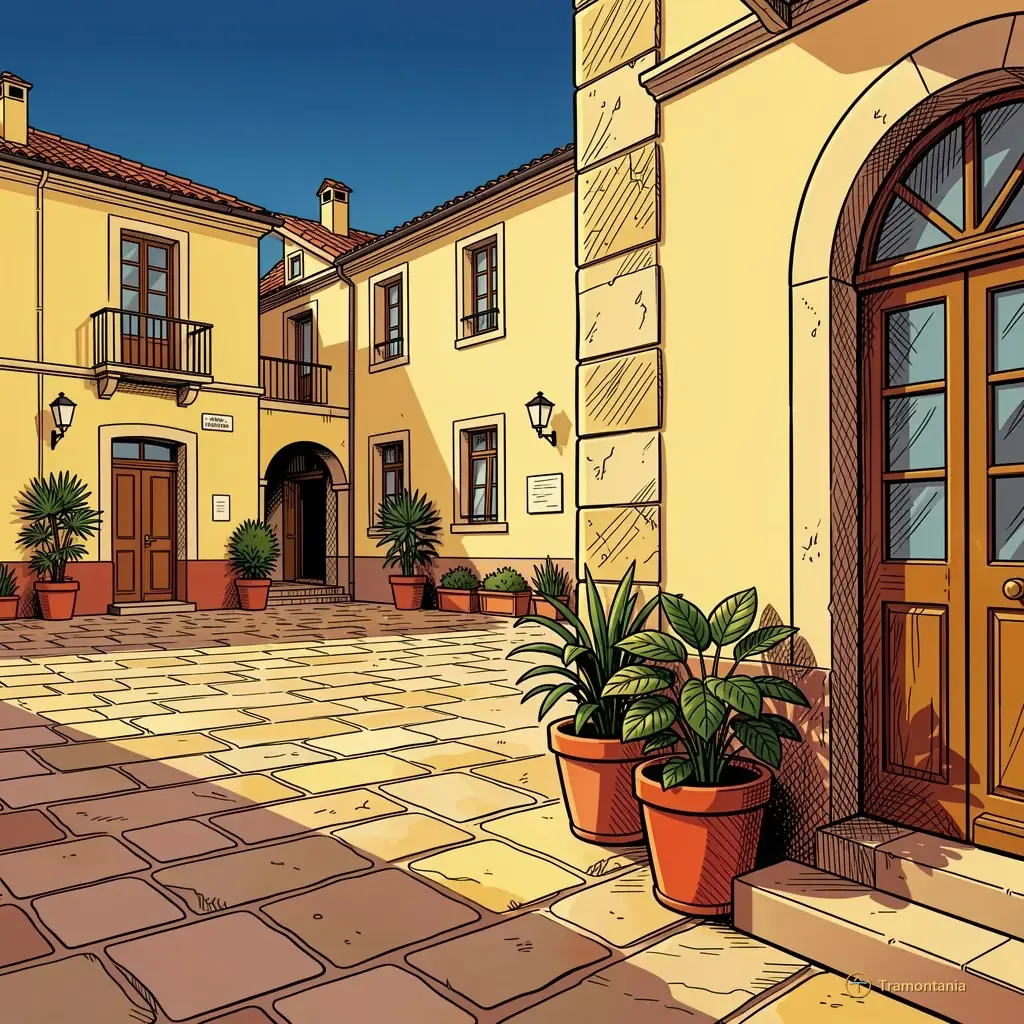 Une grande place ouverte présente les détails architecturaux comme le pavage local et des plantes dans des pots devant une entrée publique