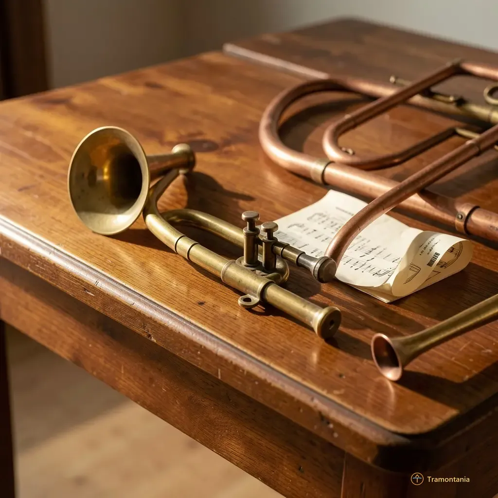 Nino, l'âne de Tramontania — A detail shot of a polished wooden surface (like an old table or bar counter) holding several antique brass and copper musical instruments—a small trumpet bell, curled sheet music edges, and tuning pegs. The lighting is warm directional light coming from the side.