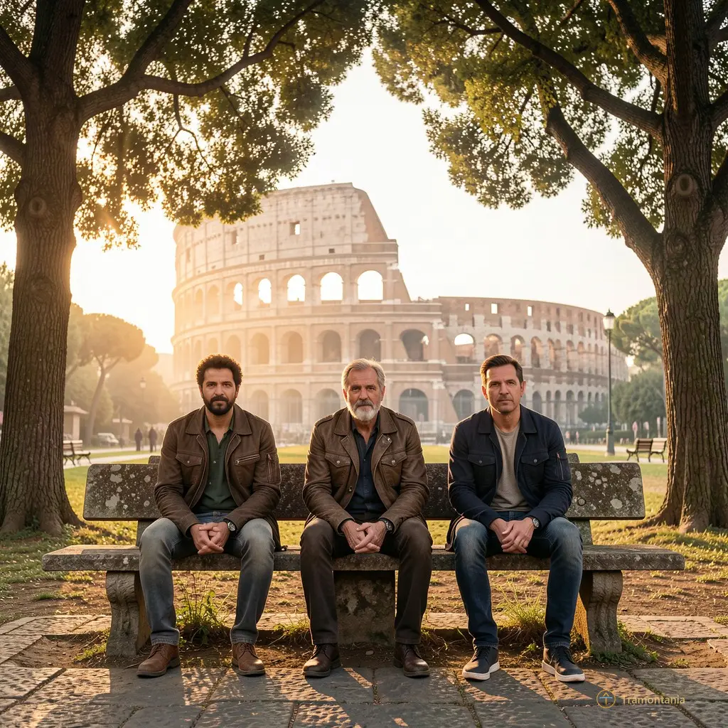 Détail d’une scène du film — trois hommes assis sur un banc en pierres usées, la lumière du soir filtre à travers des arbres ; au loin, le Colisée comme un rêve lointain