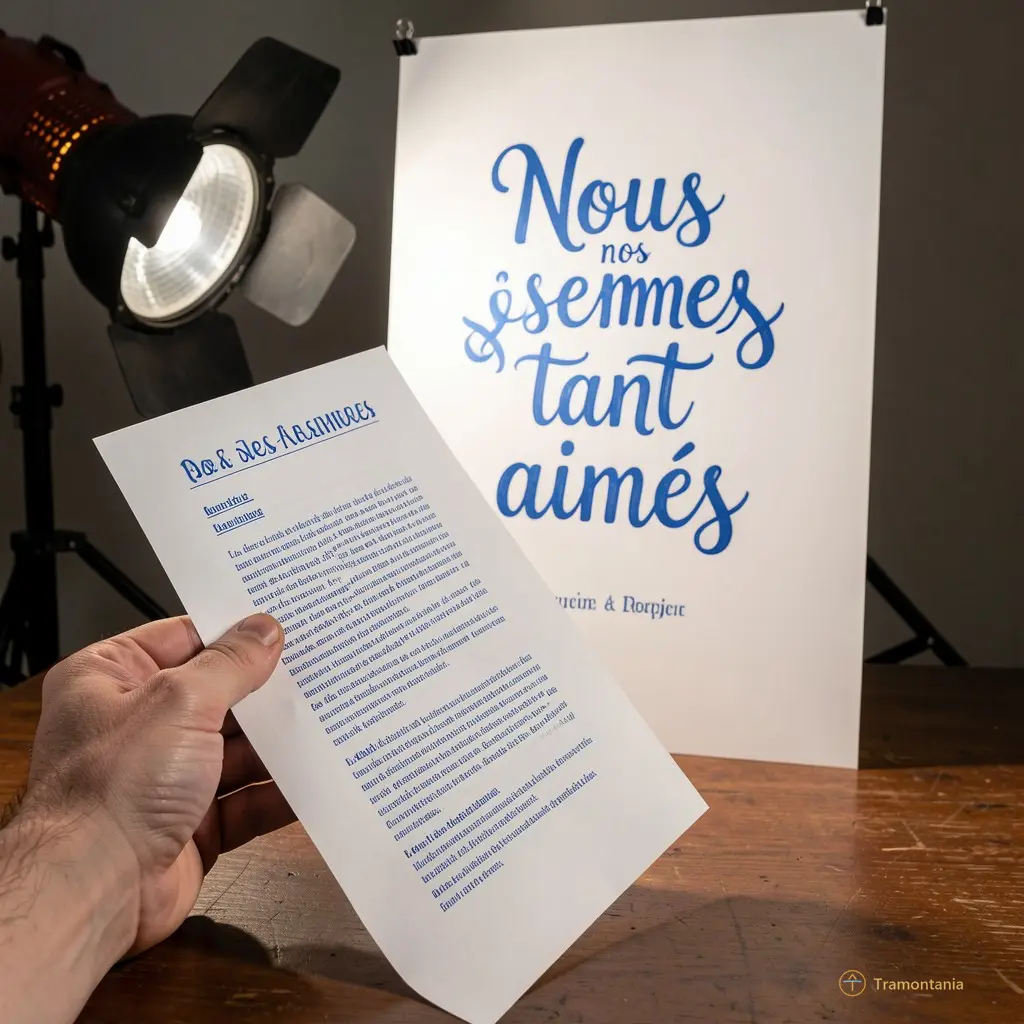 Une main posée sur un programme imprimé à l’encre bleue ; en arrière-plan, une affiche de "Nous nous sommes tant aimés" flambant neuve, éclairée par la lumière d’un projecteur