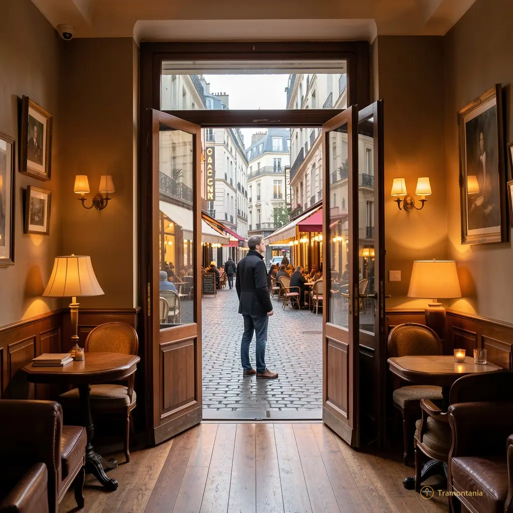 Vue depuis la salle vers la porte du Clap-Ciné — une silhouette sort, l’air rêveur, en direction de la place où les cafés s’allument lentement