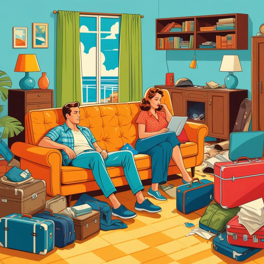 A colorful retro-style illustration of two exhausted vacationers sitting on a worn-out sofa in a chaotic living room, surrounded by scattered luggage and broken furniture