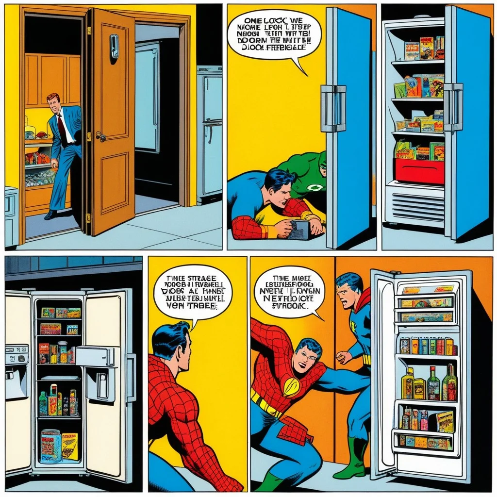 A vibrant collage of comic book panels showing a comical struggle with a broken door lock and a mysterious fridge in a dimly lit apartment