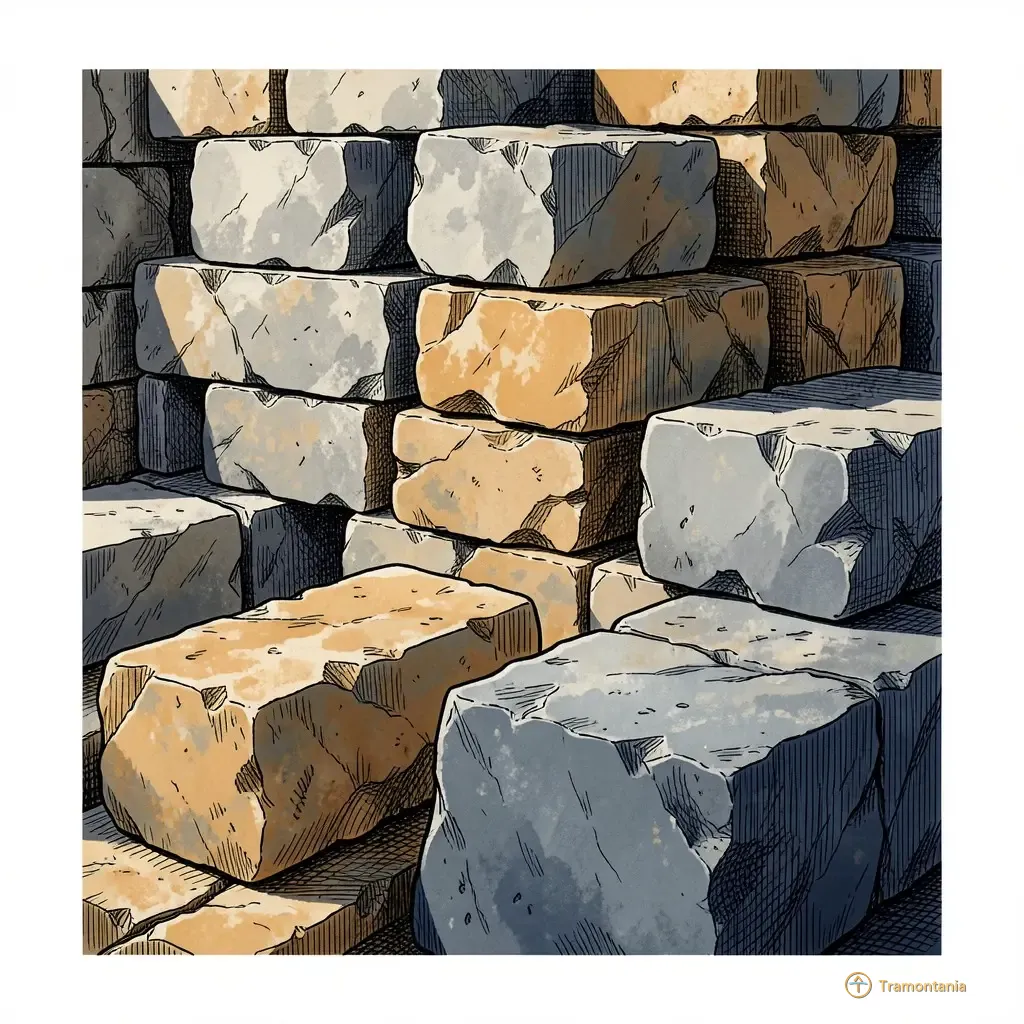 Des blocs de pierre taillée sont empilés sans mortier près d'un mur ancien mettant en valeur leurs textures variées