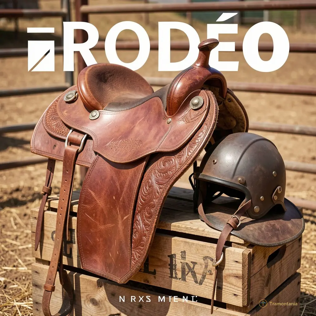 A close-up editorial shot of a rodeo saddle and helmet resting on wooden crates, symbolizing the theme 'Rodéo'