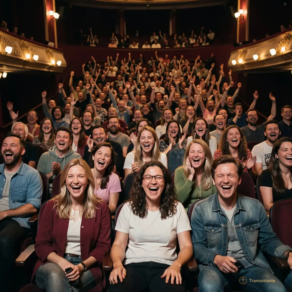 An editorial photo of a crowd laughing in a dimly lit theater hall, capturing the atmosphere of live comedy