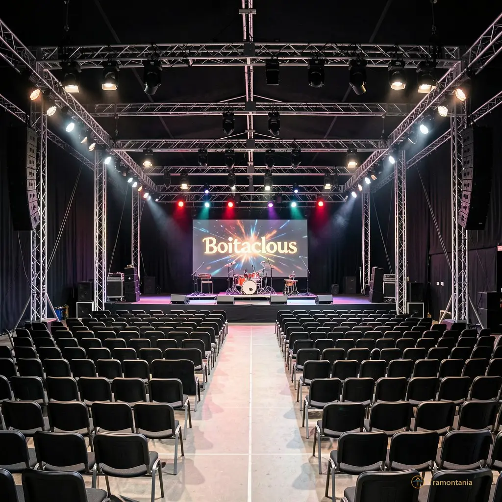 A wide editorial shot of the Boitaclous stage setup with professional lighting rigs and empty seats waiting for the audience