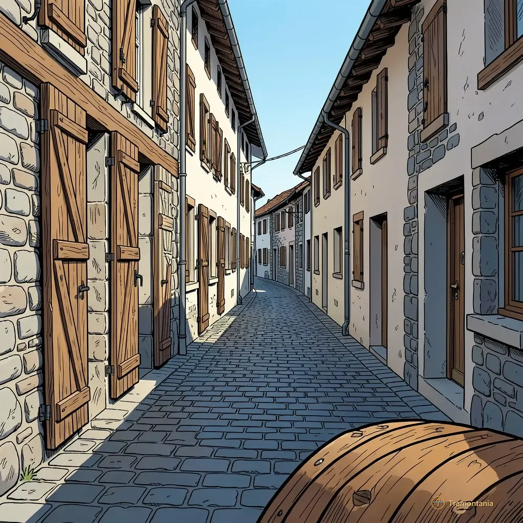 Une rue étroite pavée défile entre les maisons aux volets en bois patiné et aux pierres apparentes au milieu de journée