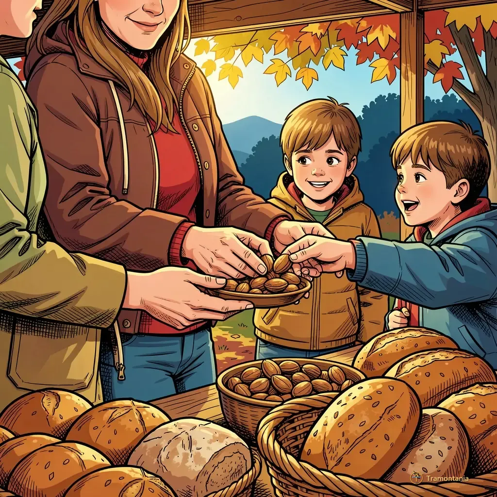 Nino, l'âne de Tramontania — Une famille échange des marchandises ou goûte des aliments devant un stand en plein air avec des produits régionaux visibles
