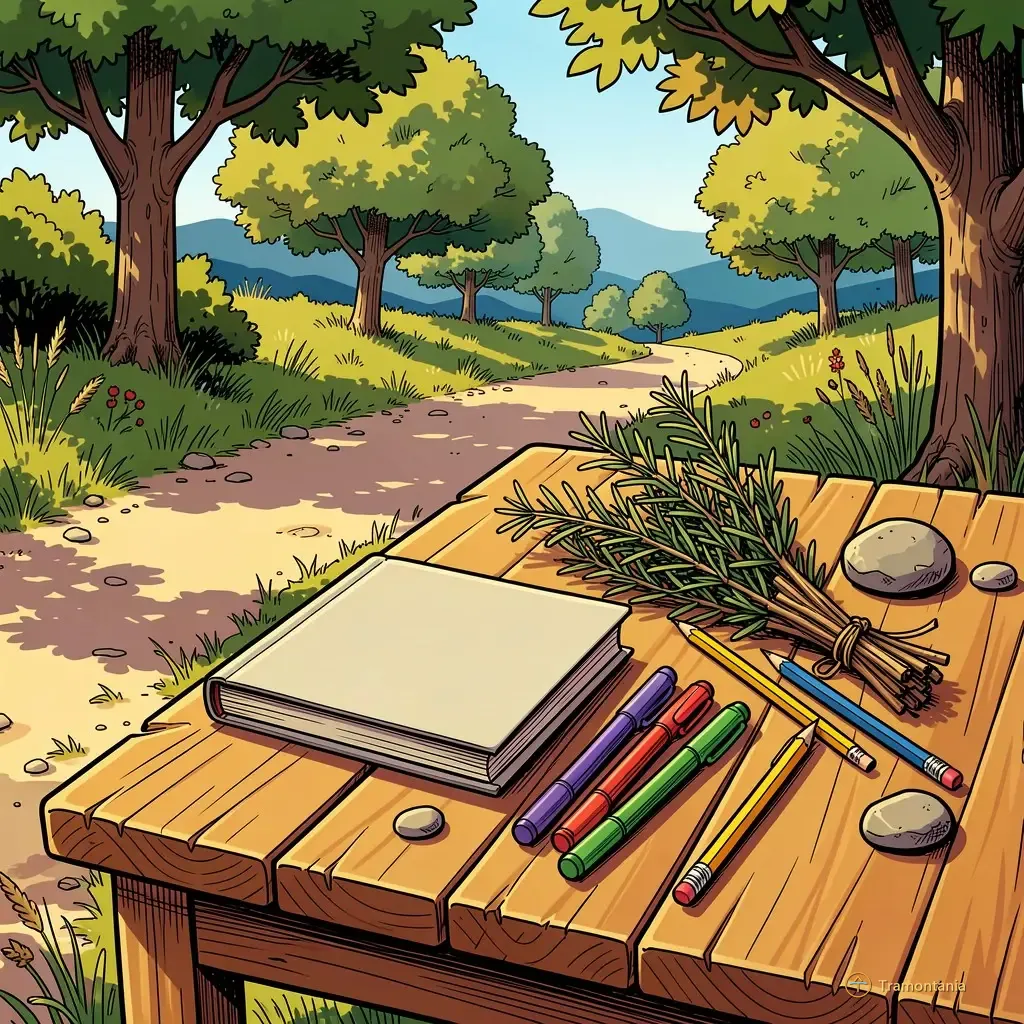 Une table en bois dehors près d'un chemin expose des outils de dessin et des éléments naturels locaux comme du romarin séché