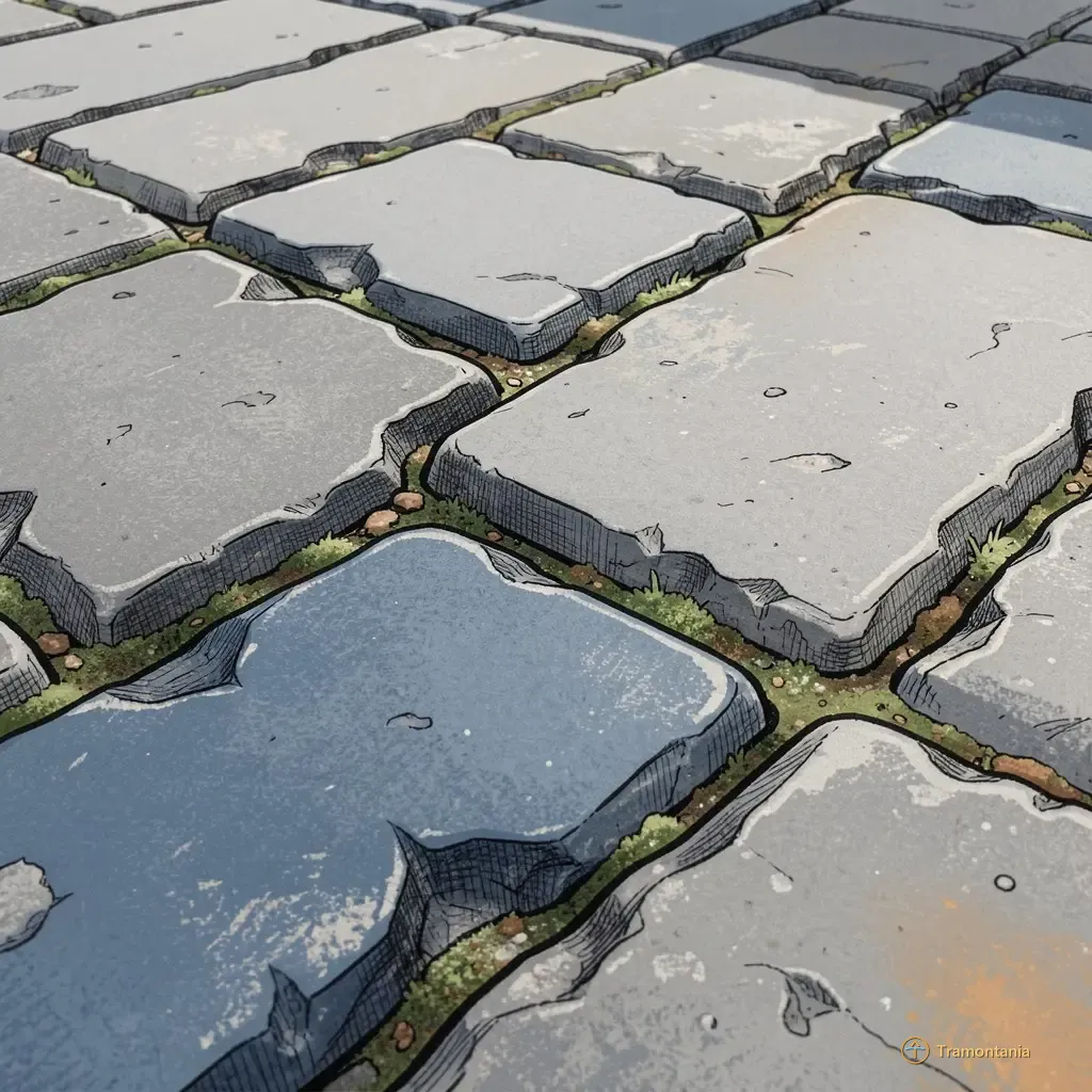 Les joints entrelacés de pavés usés dans une zone piétonne montrent des textures variées avec quelques mousses vertes
