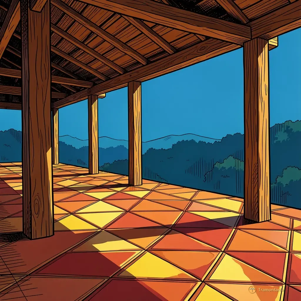 Close-up shot of patterned terracotta tiles and rough wooden beams forming a covered walkway entrance; the sunlight casts sharp geometric shadows across the materials, suggesting late afternoon light