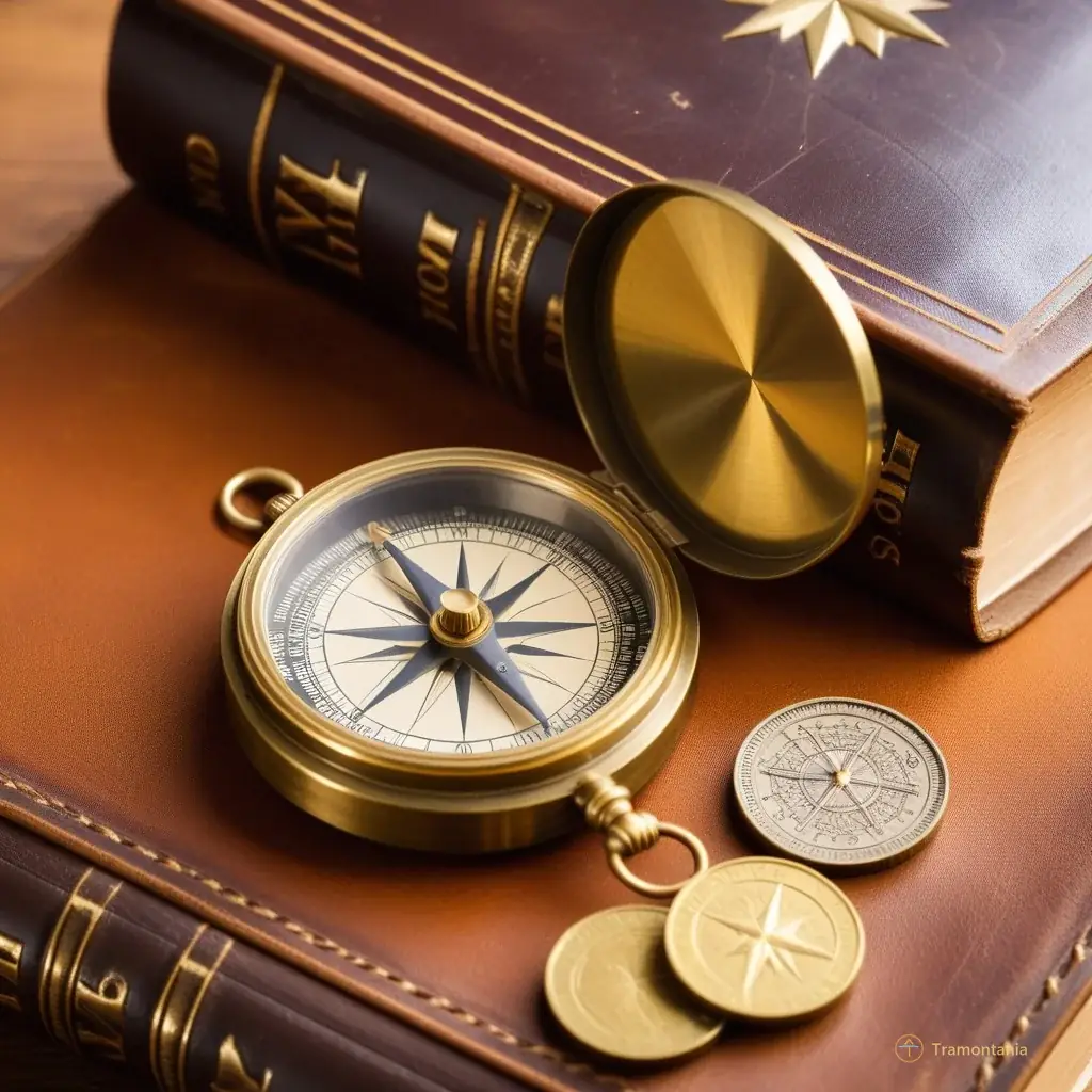 Extreme close-up of a vintage brass compass resting on a stack of old leather-bound books and scattered coins, highlighting the texture of metal and paper with soft natural lighting.