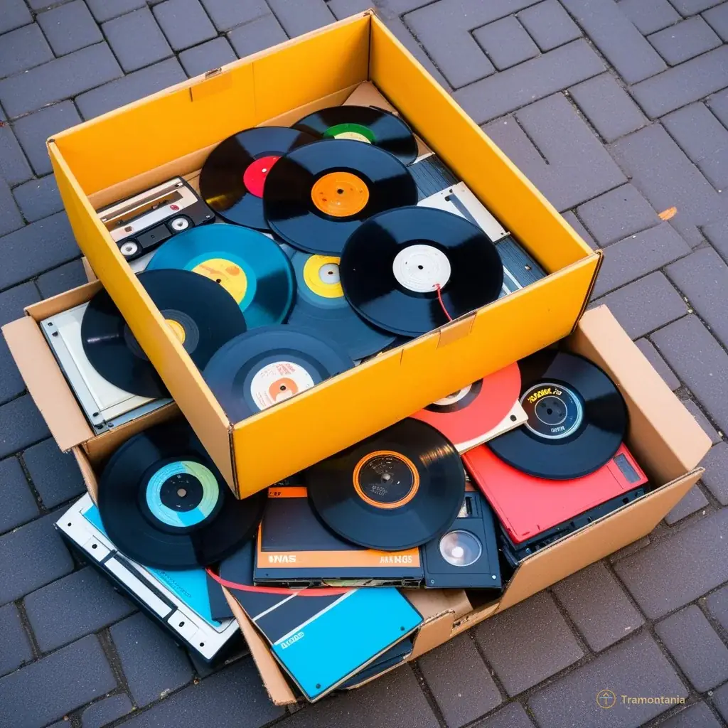 Detail shot of a pile of colorful vintage vinyl records and old cassette tapes spilling out from an open cardboard box on the pavement, evoking nostalgia for analog music formats.