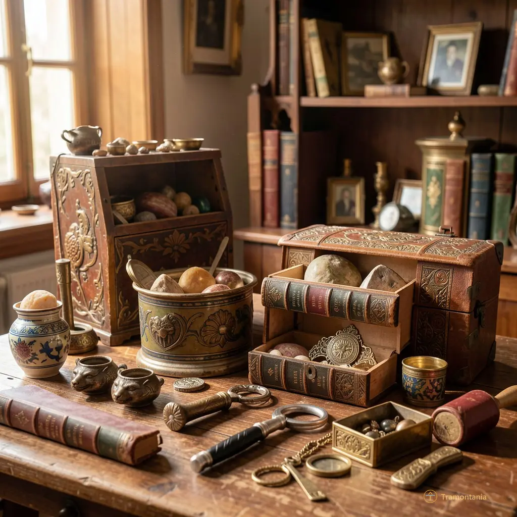 Photo chaleureuse d'objets chinés avec du caractère, lumière douce, trésors anciens