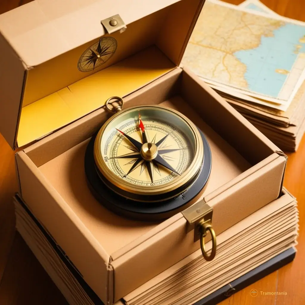 Close-up of a vintage brass compass resting on top of stacked cardboard boxes filled with old vinyl records and yellowed paper maps, highlighting textures and warm tones.