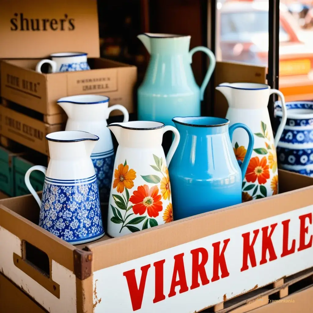 Close-up of a stack of vintage enamel signs and ceramic jugs with faded floral patterns sitting on a cardboard box at the market stall, highlighting textures and warm tones.