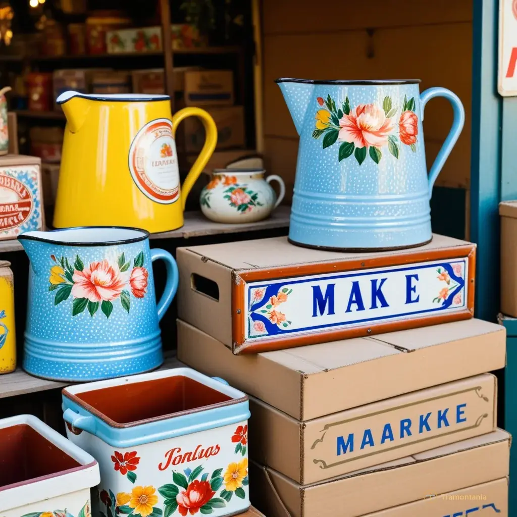 Close-up of a stack of vintage enamel signs and ceramic jugs with faded floral patterns sitting on top of cardboard boxes at the market stall, highlighting textures and colors.