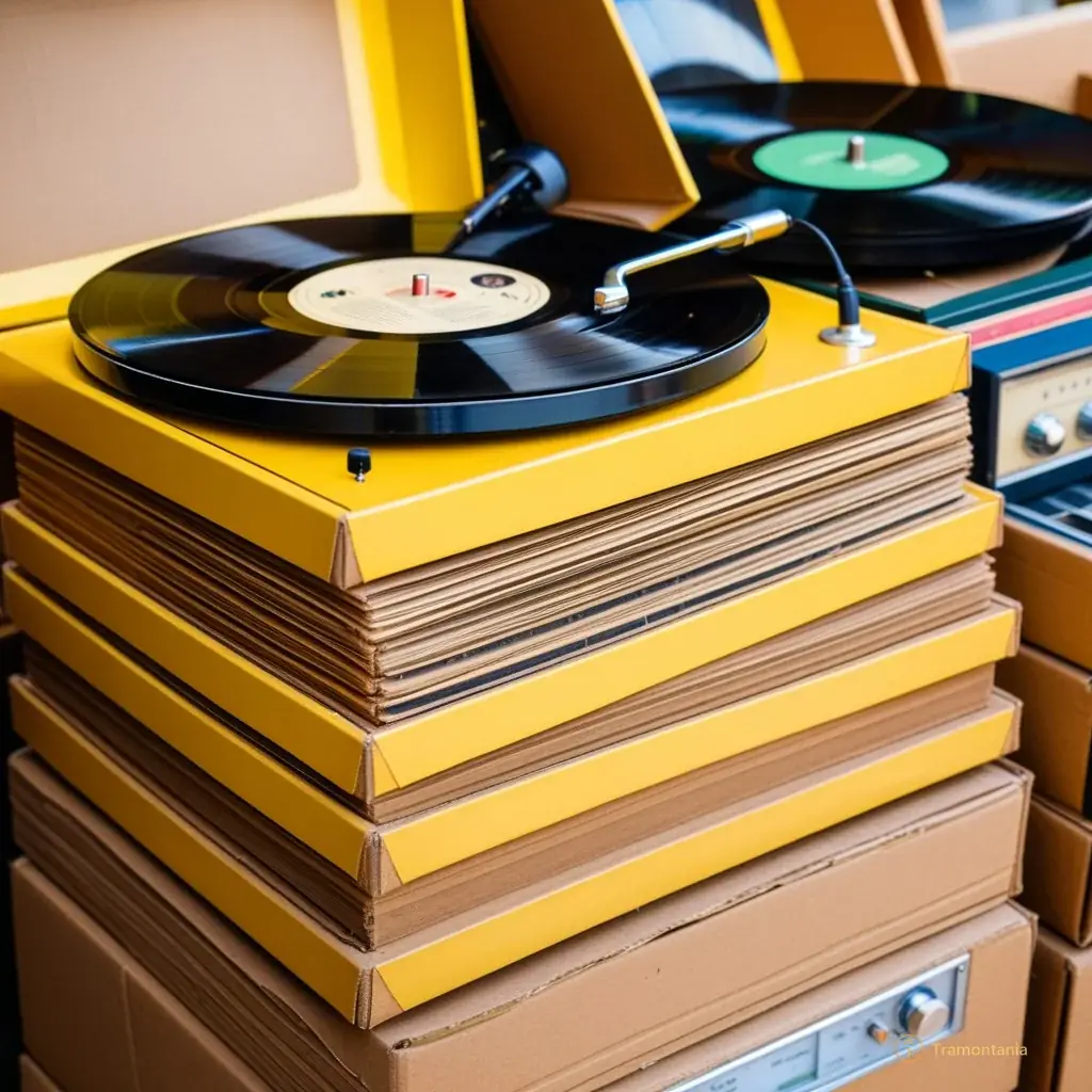 Close-up of a stack of yellowed vinyl records and an old wooden radio sitting on top of cardboard boxes at the market stall, highlighting textures and colors.
