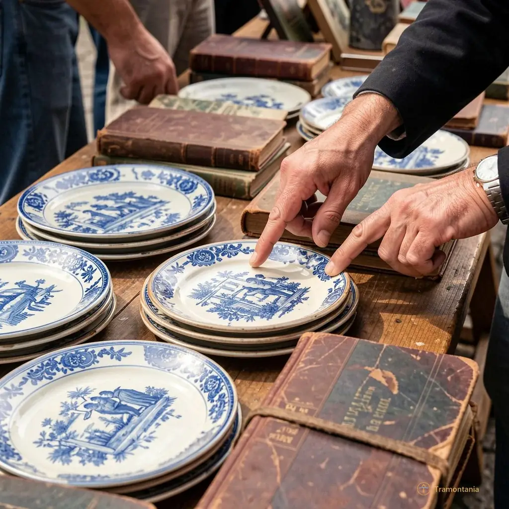 Close-up of a vendor's table displaying vintage ceramic plates and old books, with hands pointing at an item