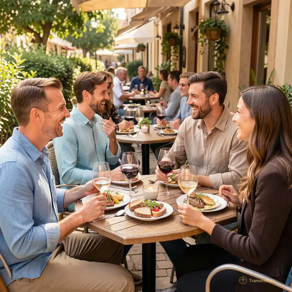 People sitting at outdoor tables enjoying lunch with plates of food and glasses of wine, smiling and talking
