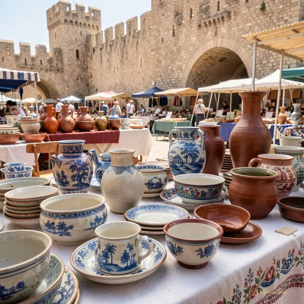Close-up of a table at the flea market showing vintage ceramics and local pottery against the background of the fortress walls