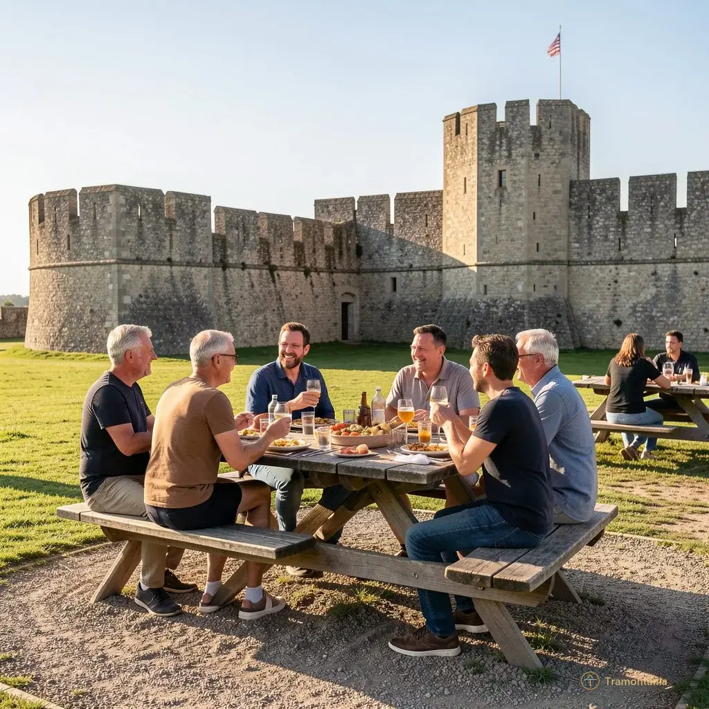 People sitting at picnic tables near the fortress enjoying a meal and chatting in the afternoon sun