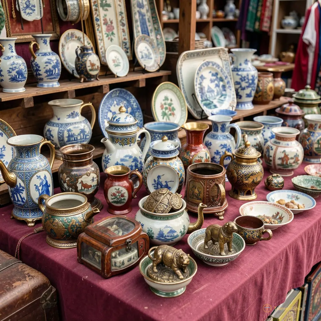Détail concret d'objets chinés ayant du caractère disposés sur un stand