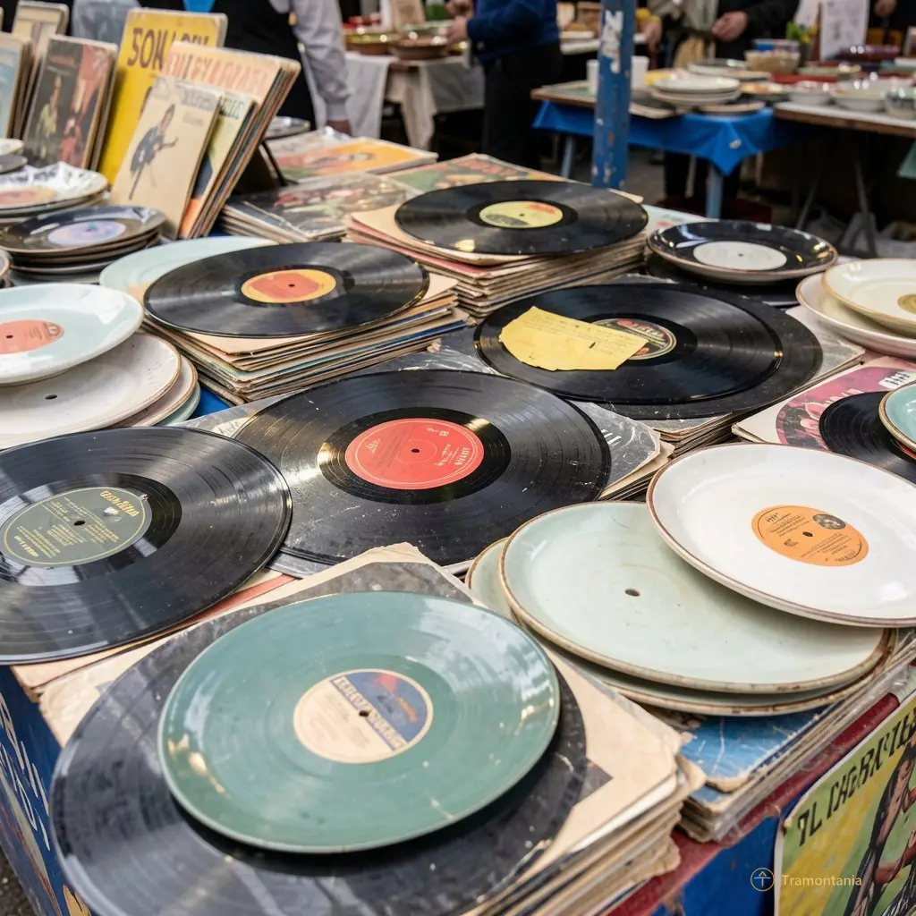 Close-up of a collection of old vinyl records and ceramic plates arranged on market stalls