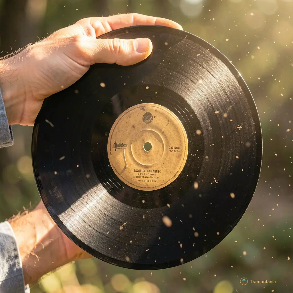 Close-up of a hand holding an old vinyl record with dust motes dancing in the sunlight