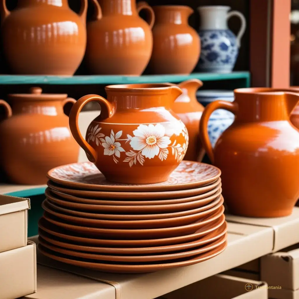 Close-up of a stack of vintage terracotta plates with faded floral patterns and rustic ceramic jugs sitting on top of cardboard boxes at the market stall, warm natural lighting highlighting textures.