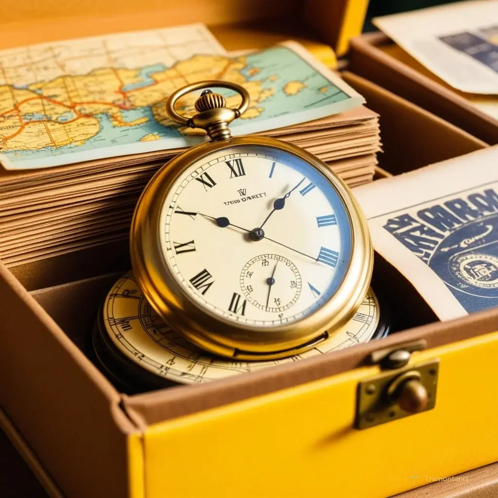 Detail shot of a vintage brass pocket watch resting on top of stacked cardboard boxes filled with old vinyl records and yellowed paper maps at the market stall, warm natural lighting highlighting textures.