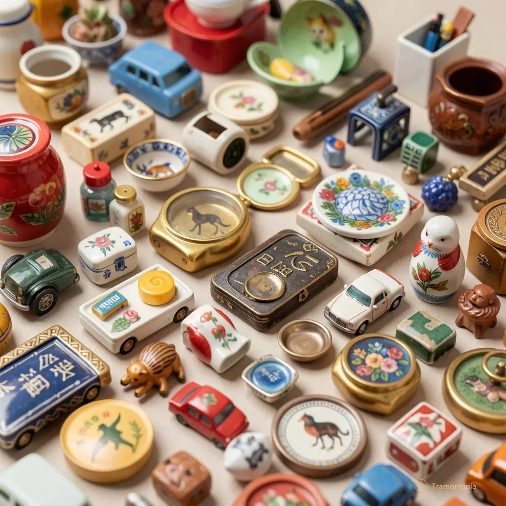 Close-up of a diverse collection of small bric-a-brac items with gentle lighting