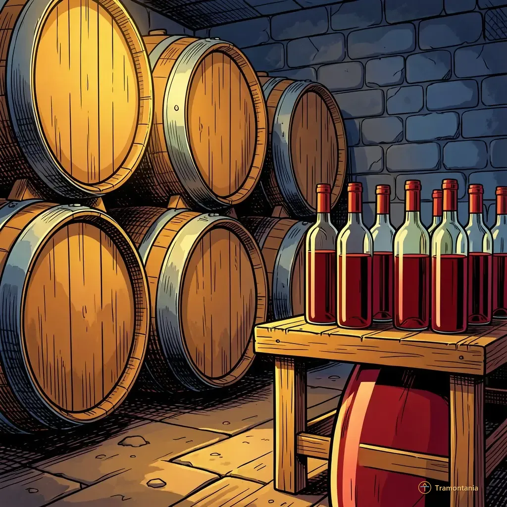 Nino, l'âne de Tramontania — Plusieurs tonneaux à vin sont empilés dans une cave en pierre rustique avec des bouteilles remplies posées sur un établi