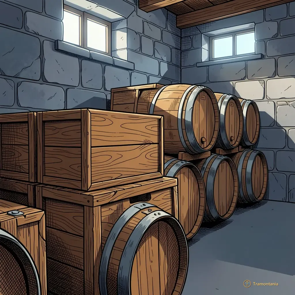 Un empilement de caisses et de tonneaux en bois dans une cave intérieure révèle la texture riche du grain contre les murs de pierre