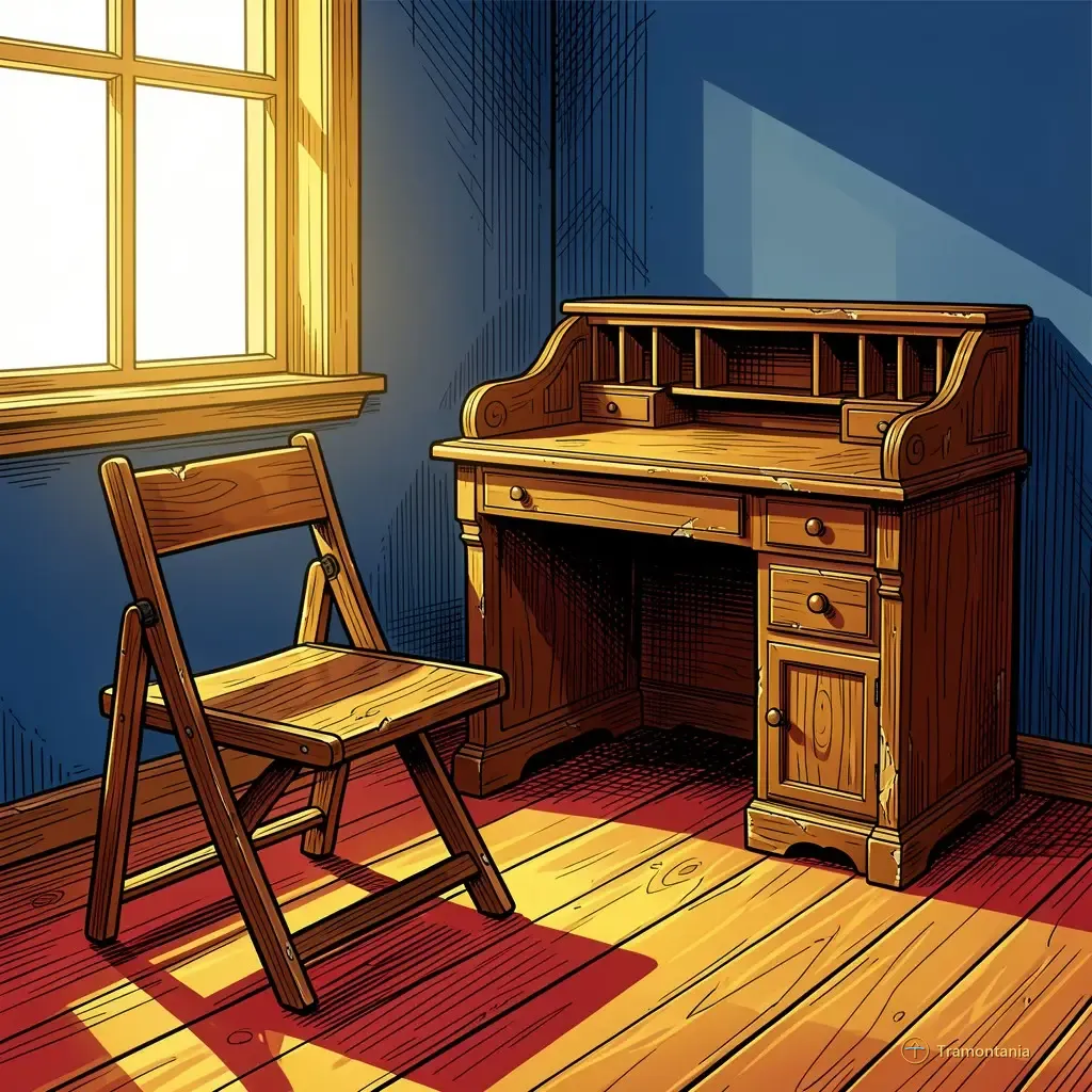 Une petite chaise pliante en bois et un bureau ancien sont disposés dans un coin d'arrière-scène théâtral