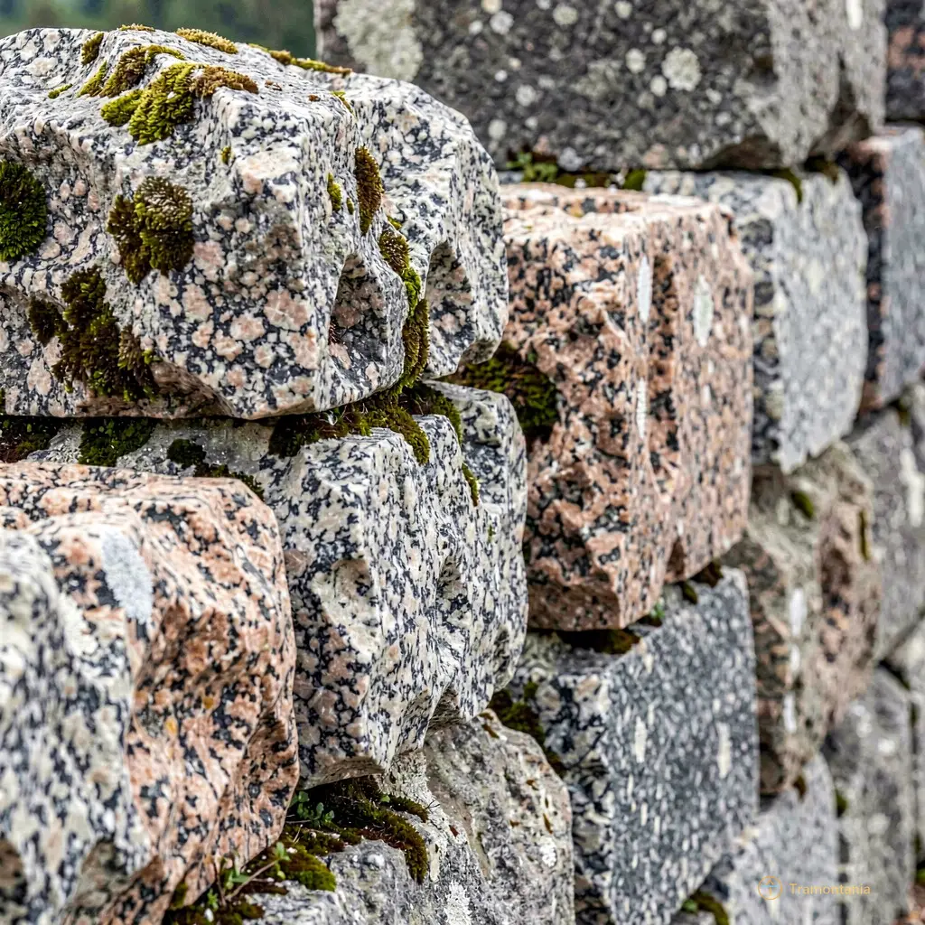Des blocs de granit rugueux des remparts montrent l'altération et la mousse dans les fissures