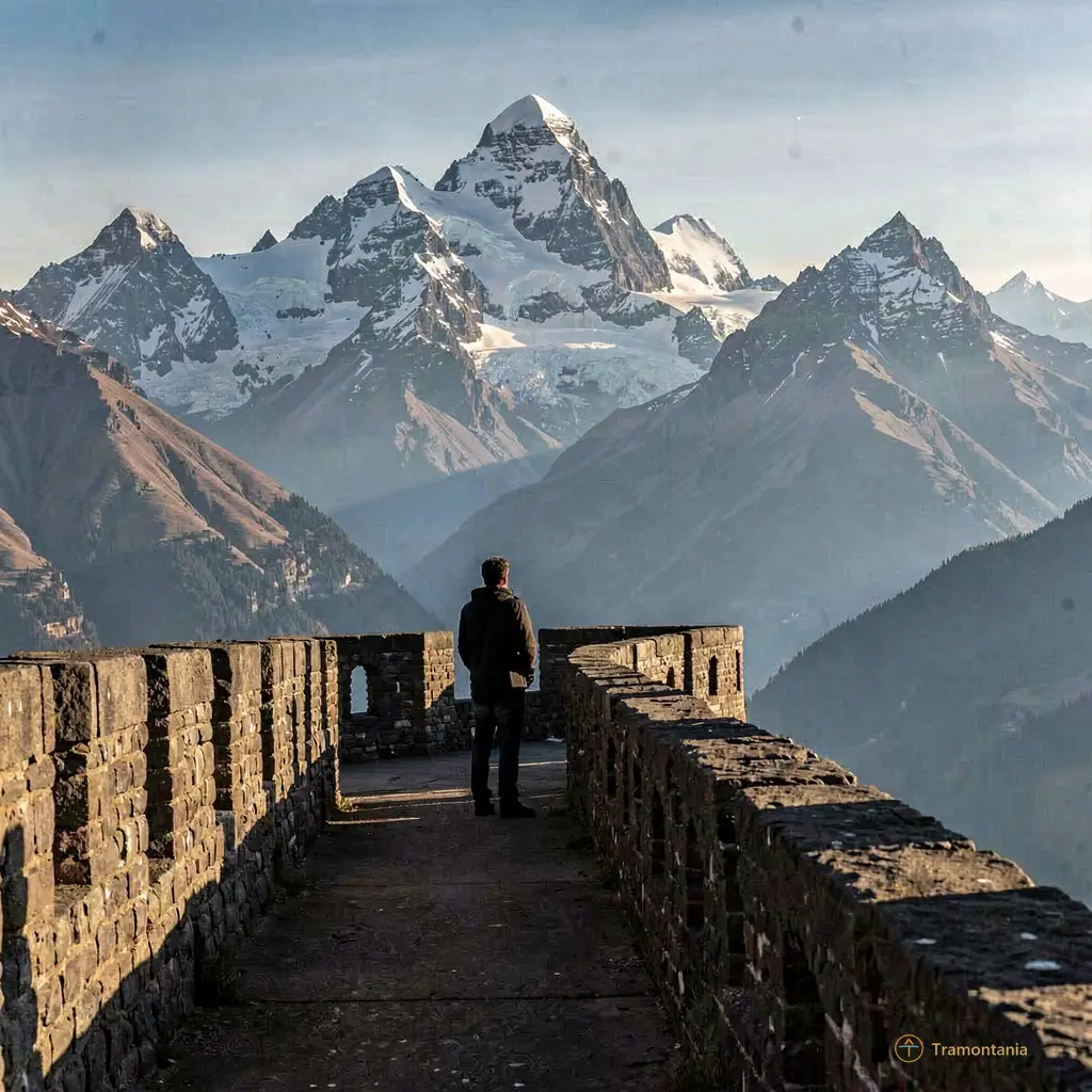 Une silhouette se tient sur la passerelle du rempart regardant vers les montagnes centrales pyrénéennes