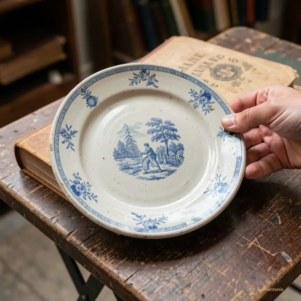 Close-up of a hand holding a vintage ceramic plate next to an old book on a folding table