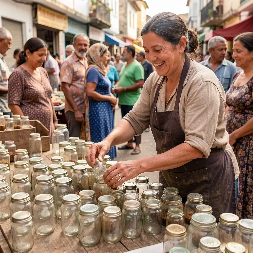 A vendor smiling while arranging vintage glass jars on a table with local residents browsing in the background