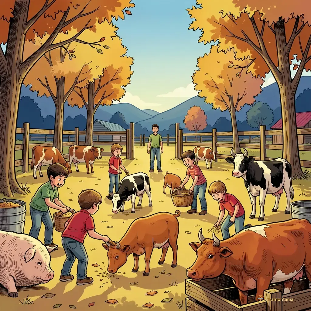 Des enfants et des adultes interagissent avec les animaux d'une ferme, observant ou nourrissant au milieu du matériel rustique environnant