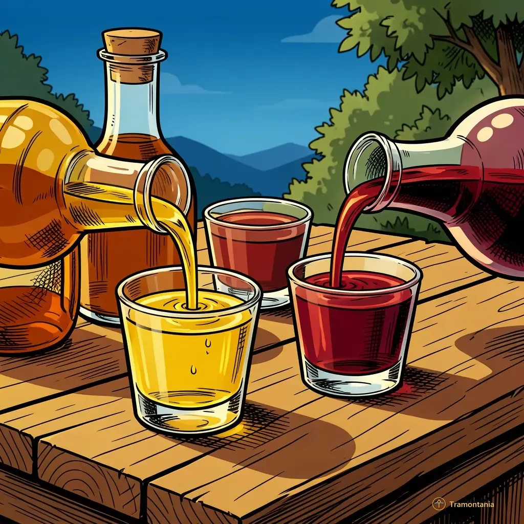 Nino, l'âne de Tramontania — Plusieurs types et couleurs de vinaigres artisanaux locaux sont versés dans des petits verres dégustation posés sur une table en bois rustique