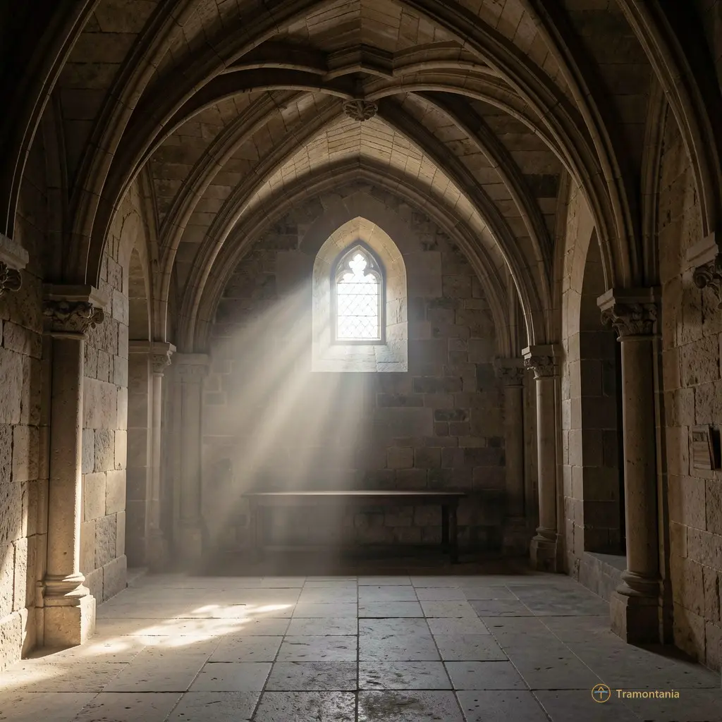Intérieur d'une salle voûtée du château ou de la crypte avec des faisceaux lumineux traversant une petite fenêtre ogivale créant un contraste dramatique entre ombre et lumière