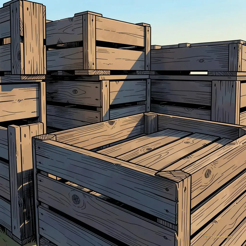 Une pile de caisses en bois anciennes utilisées pour transporter les produits locaux montre un grain marqué par le temps