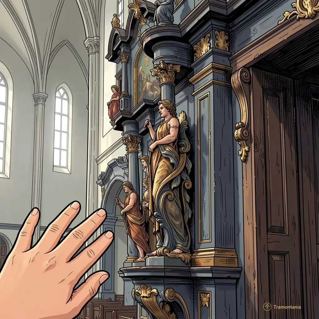 Un retable sculpté et peint de style baroque orne un élément structurel intérieur au sein de l'église