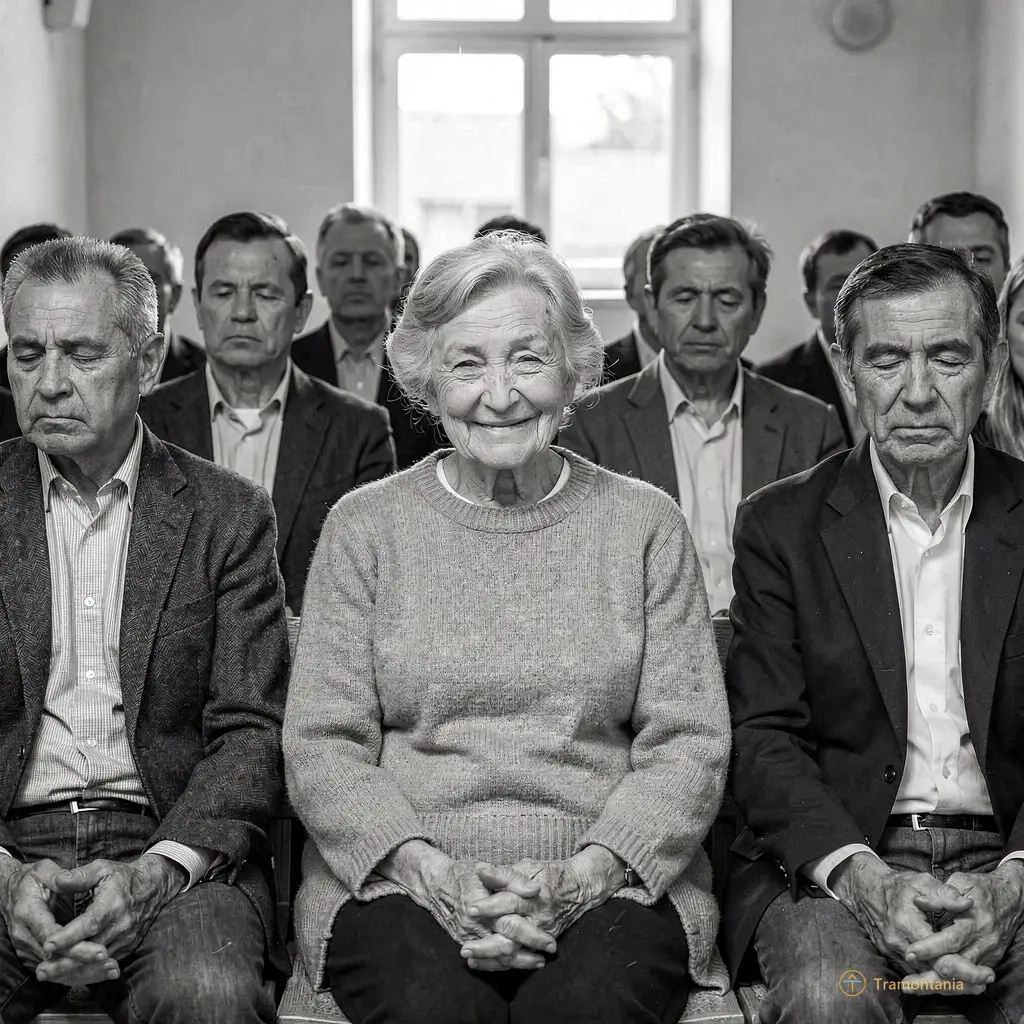 Le public en demi-teinte, certains yeux fermés, d’autres fixant leurs mains posées sur les genoux. Une femme âgée sourit sans raison apparente.