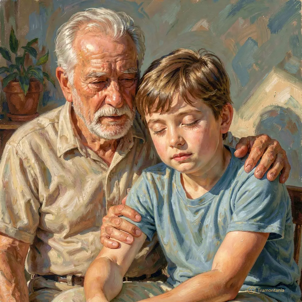 Une main d’homme âgé reposant sur l’épaule de son petit-fils endormi. La lumière tombe en diagonale, éclairant les deux visages comme un tableau de Sorolla.